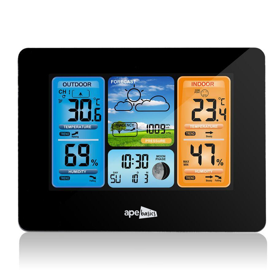 Ape Basics: Wireless Sensor LCD Display Weather Station Clock - Black image