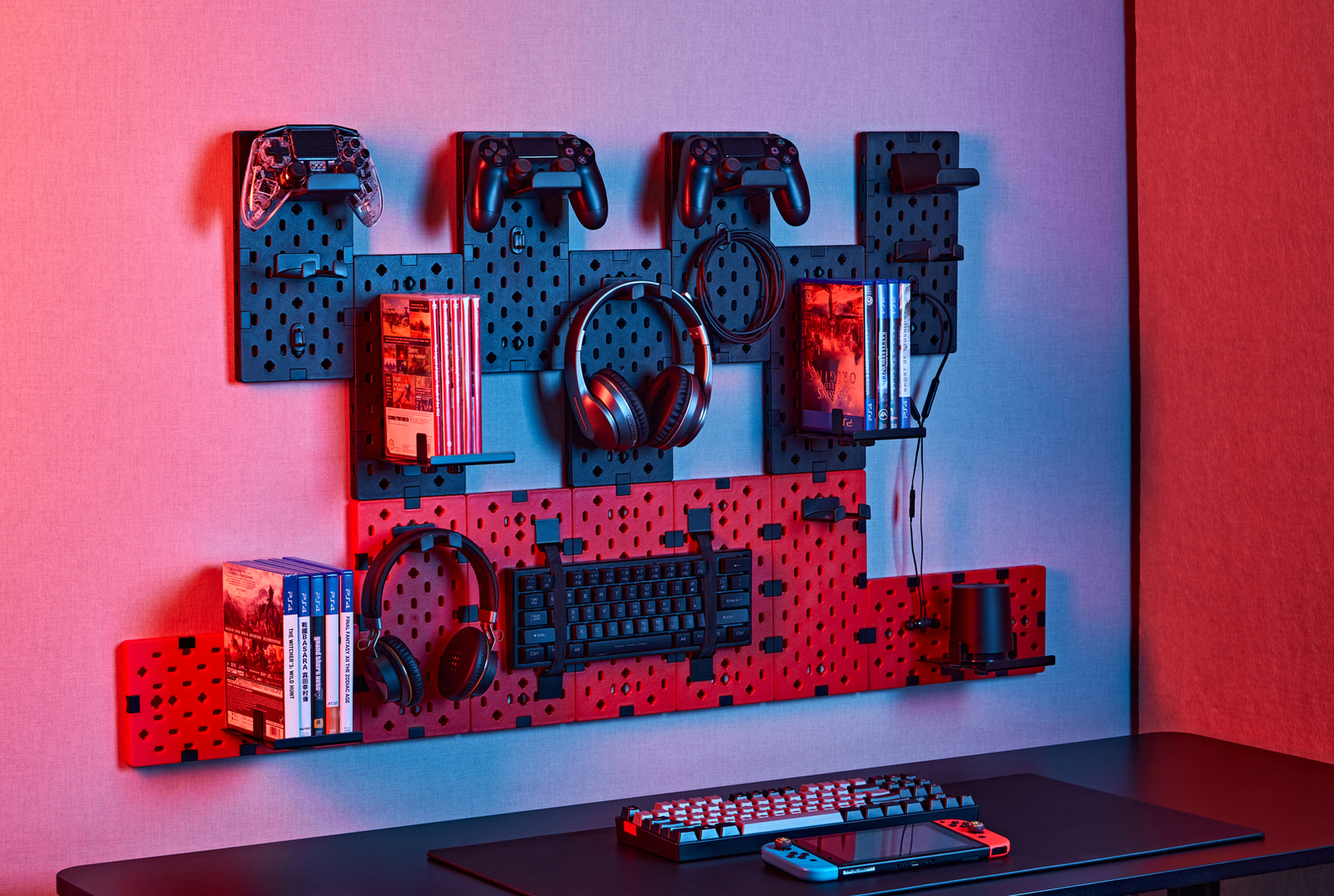 Wall Mounted Modular Pegboard for Gaming & Home Office Red & Black