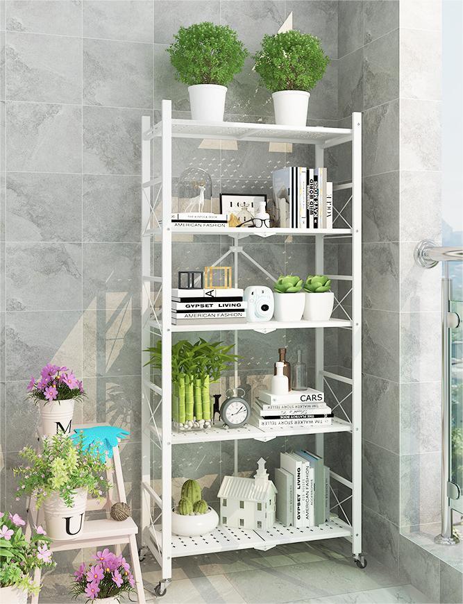 Foldable 5 tier heavy duty shelving unit with wheels white at