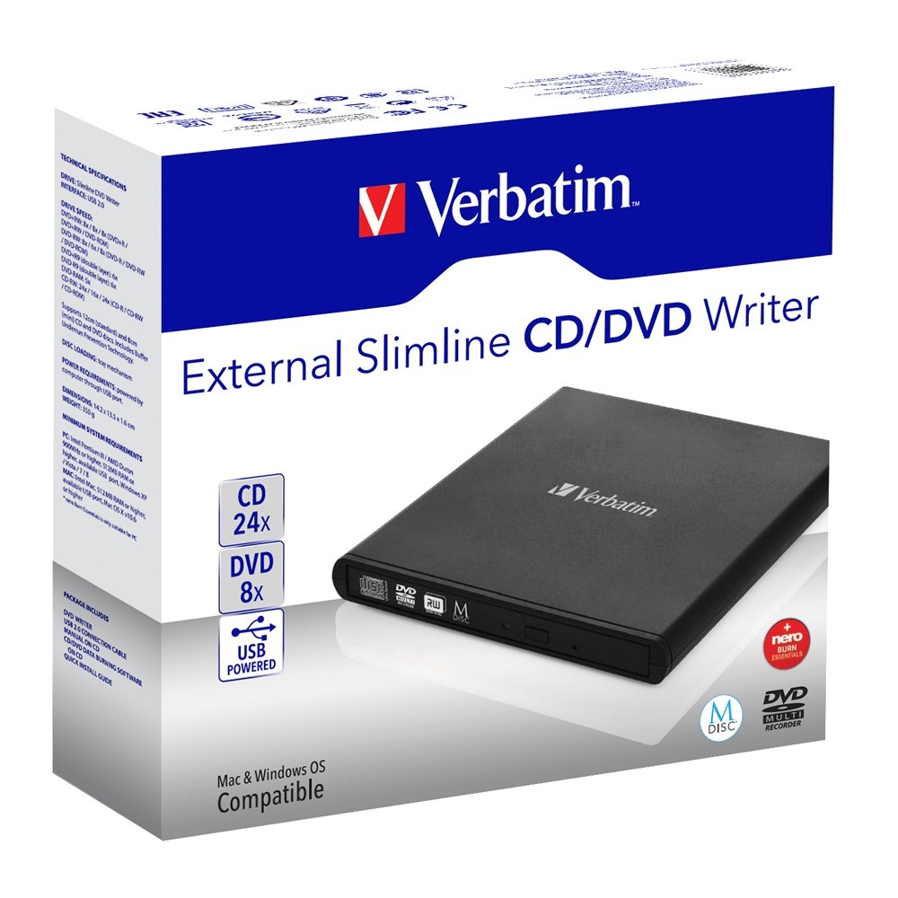 Verbatim External Slimline Mobile CD/DVD Writer USB 2.0 (Black) image