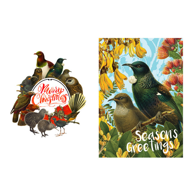 Pure NZ Christmas Cards - Tuis & Wreath (Pack of 12)