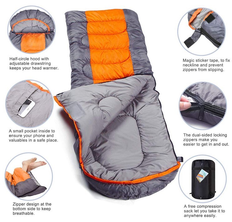 High Quality Envelope Hooded Sleeping Bag with Carry Bag - Orange/Dark Grey image