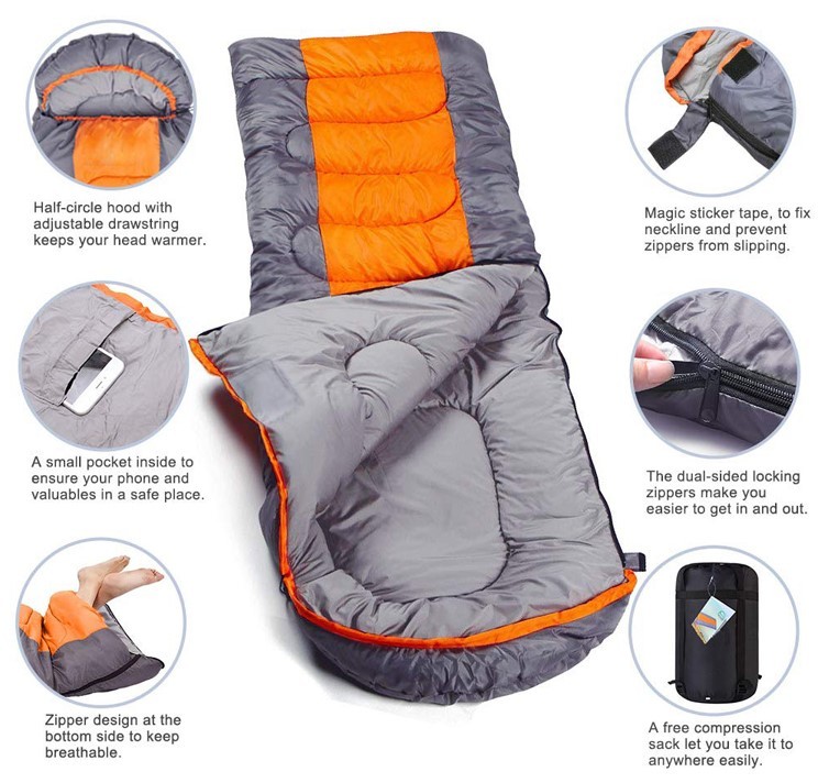 High Quality Envelope Hooded Sleeping Bag with Carry Bag - Orange/Dark Grey