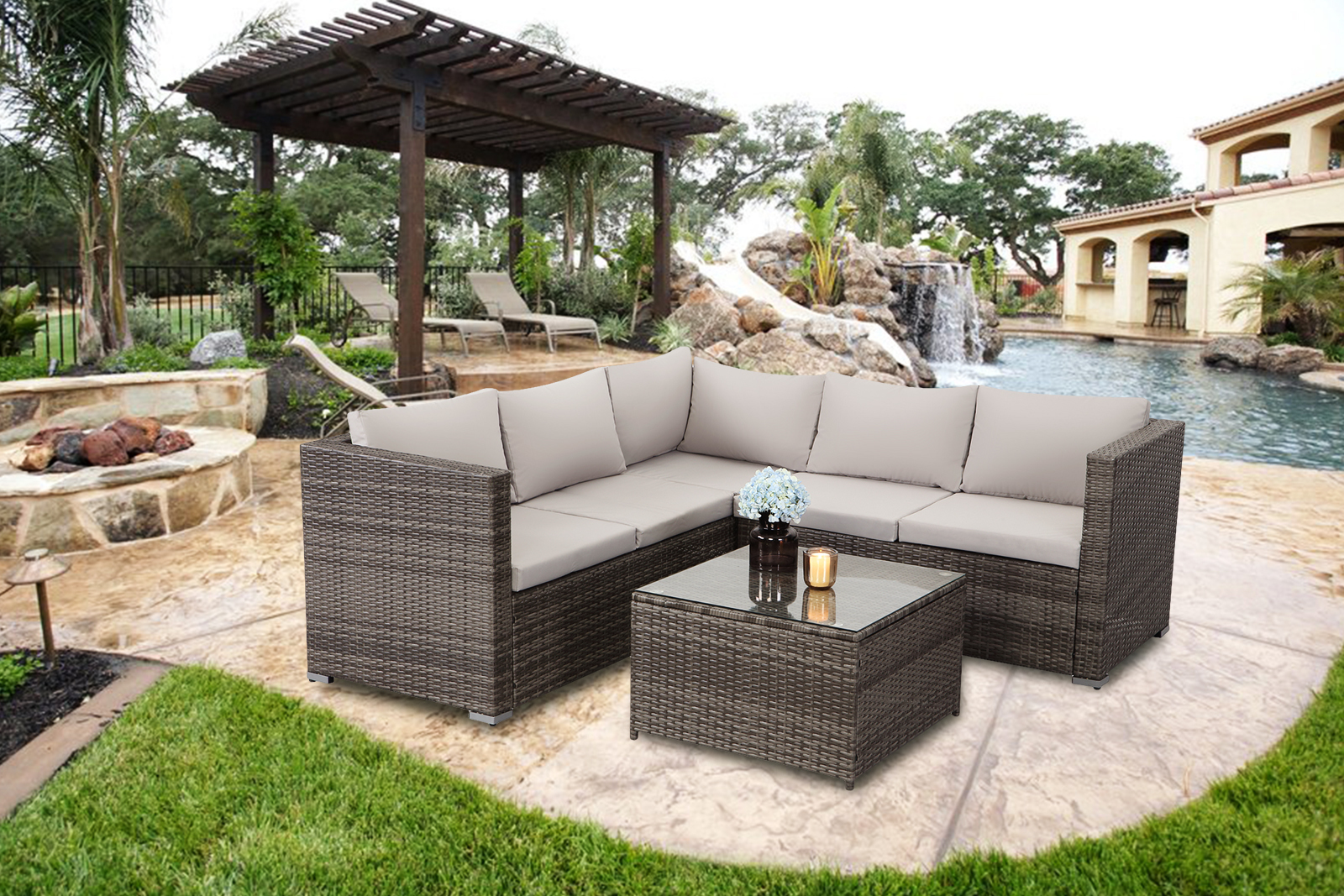 Buy 3 Piece Rattan Wicker Outdoor Corner Lounge Sofa Set Grey at