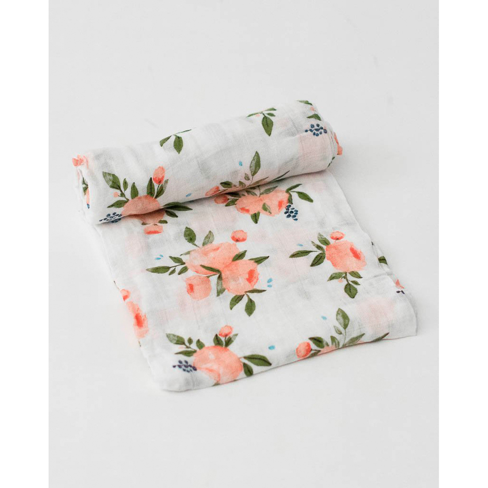 Little Unicorn: Cotton Muslin Swaddle - Watercolour Roses (Single) image