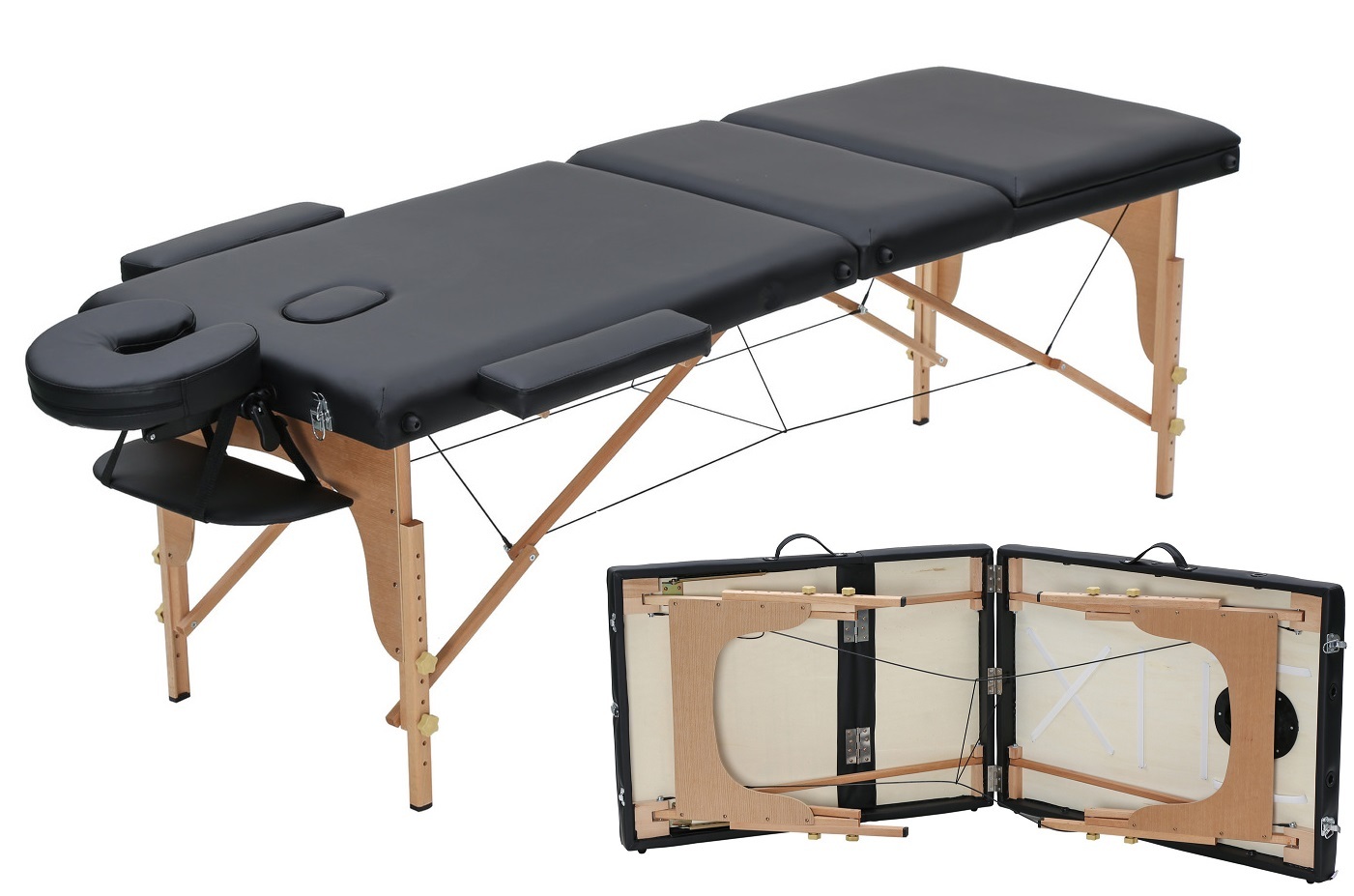 Portable 3-Fold Massage Table Bed (Wood Structure) - Black image