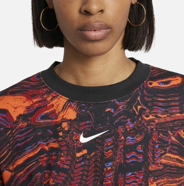 Nike Women's Nike Sportswear Trend Fleece Crew All Over Print Sweatshirt  (Black/Orange, Size L) | at Mighty Ape Australia