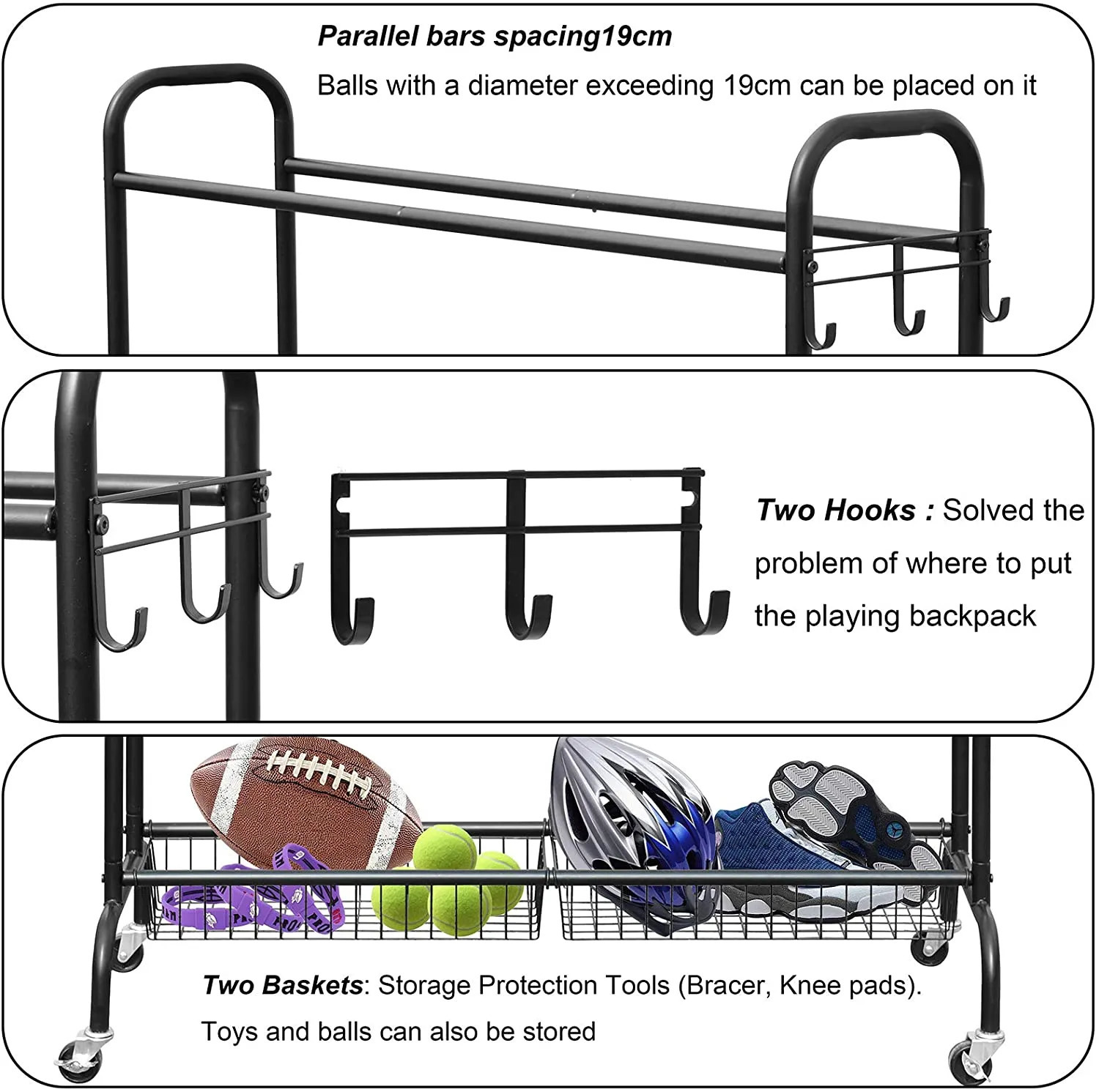 Buy Freestanding Basketball Storage Rack with Baskets and Hooks at