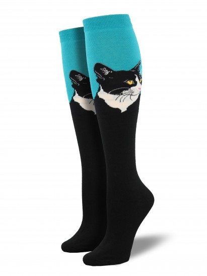 Socksmith: Cat Portrait Knee High Socks - Turquoise