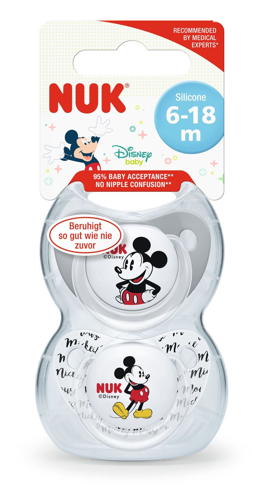 NUK: Mickey Silicone Soothers - 6-18 Months - Grey & White (2 Pack) image