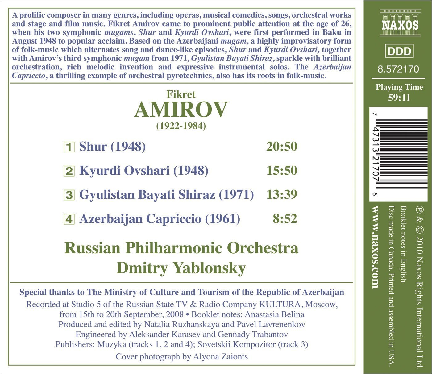 AMIROV, F.: Shur / Kyurdi Ovshari / Gyulistan Bayati Shiraz / Azerbaijan Capriccio (Russian Philharmonic, Yablonsky) on CD by Fikret Amirov