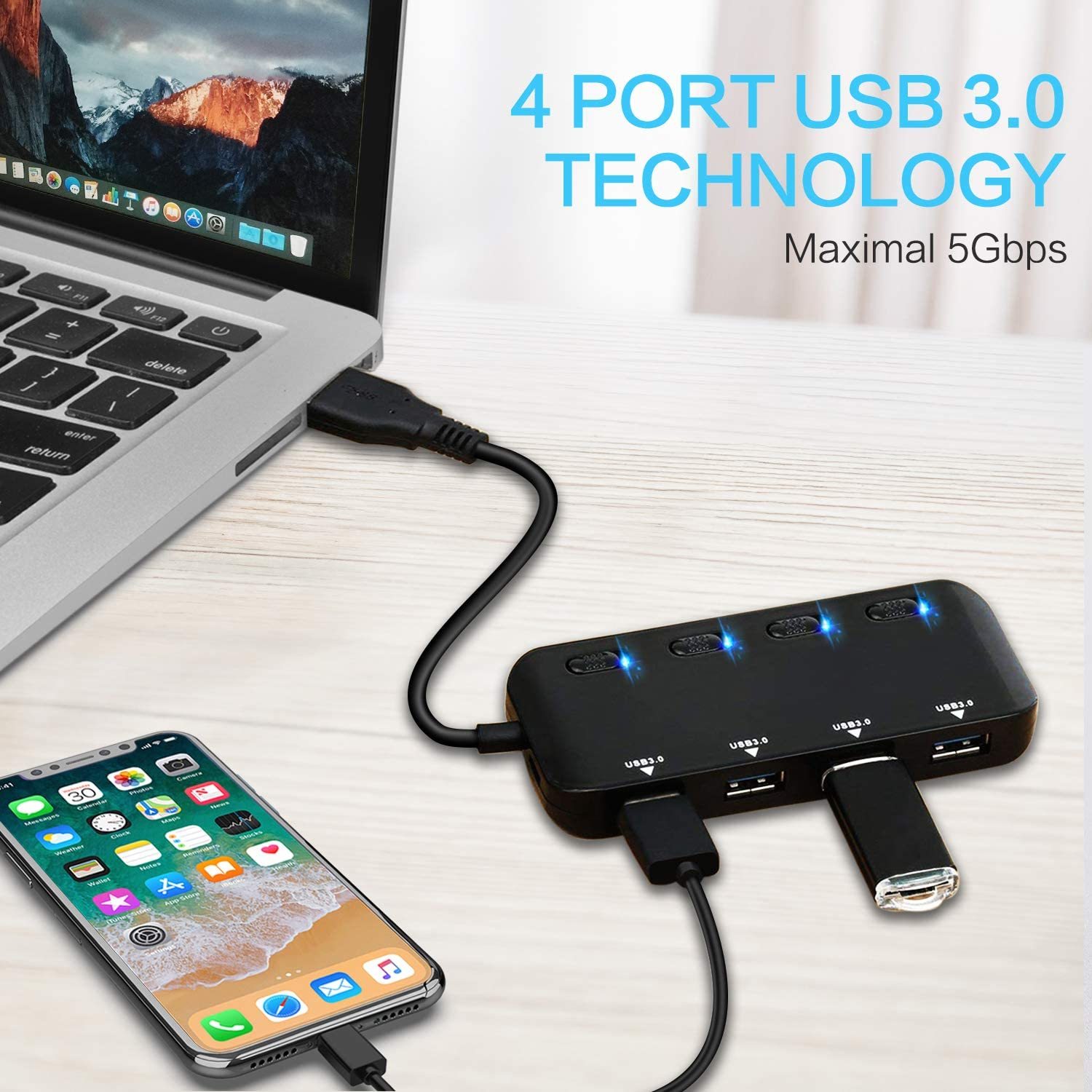 USB 3.0 Hub Splitter - 4 Port Ultra Slim Data Hub with Individual Power Switch and LED