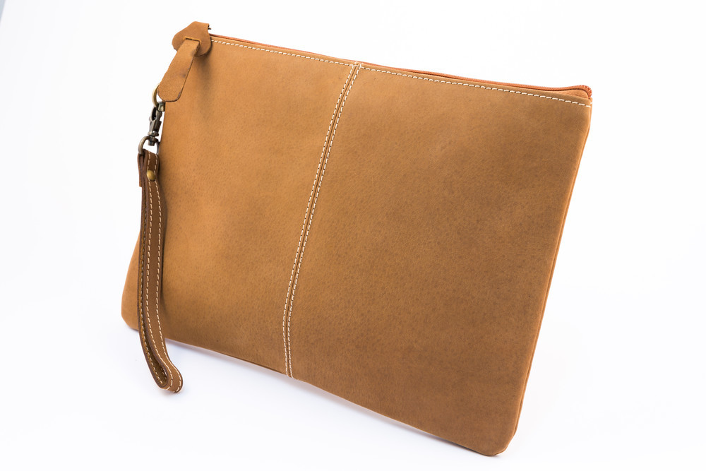 Millenium Paris: Paulette Large Clutch with Tartan Lining - Tan