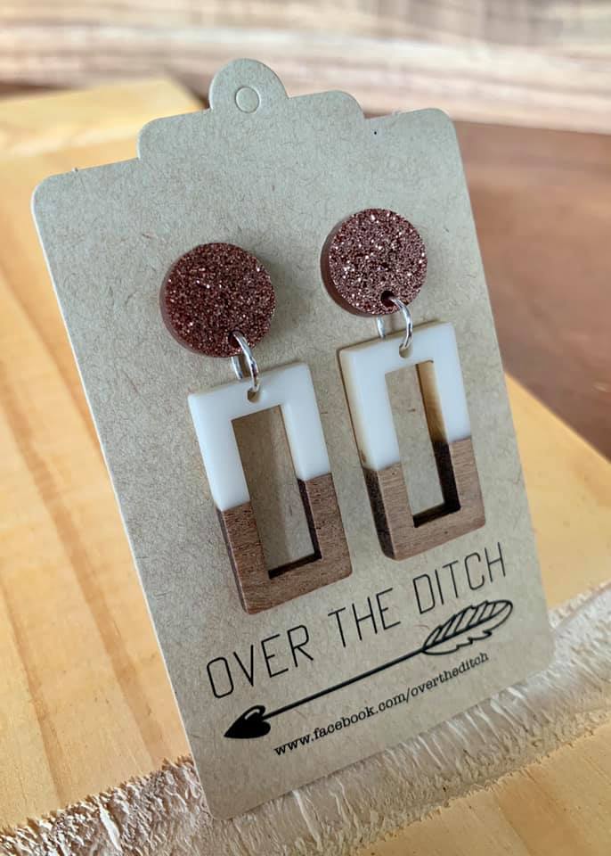 Over the Ditch: Wooden Rectangular Earrings - Brown/Glitter image