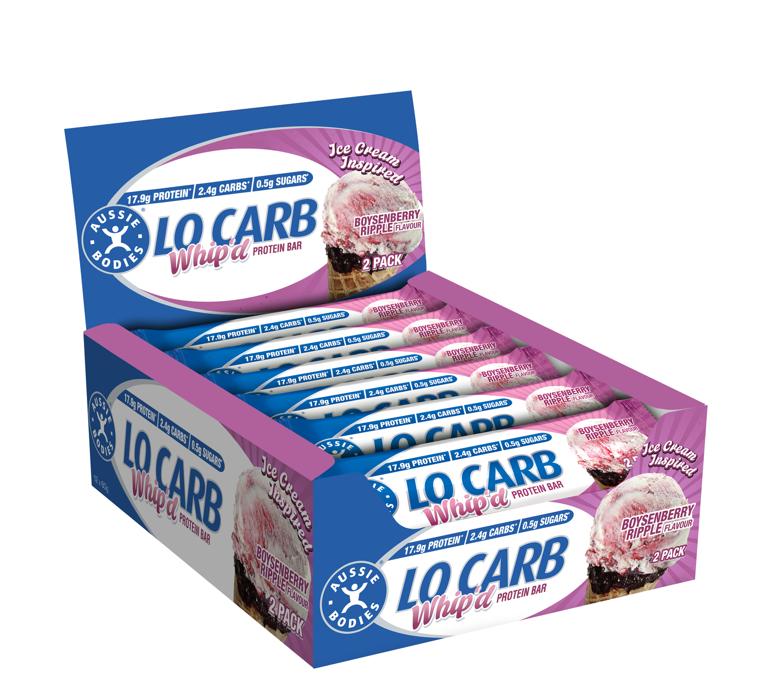 Aussie Bodies Lo Carb Whip’d Protein Bars - Boysenberry Ripple (12x60g) image