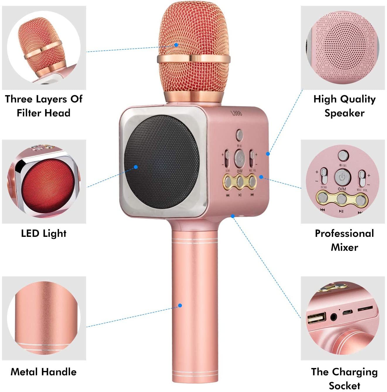 Colorful LED Wireless Bluetooth Karaoke Microphone - Pink image