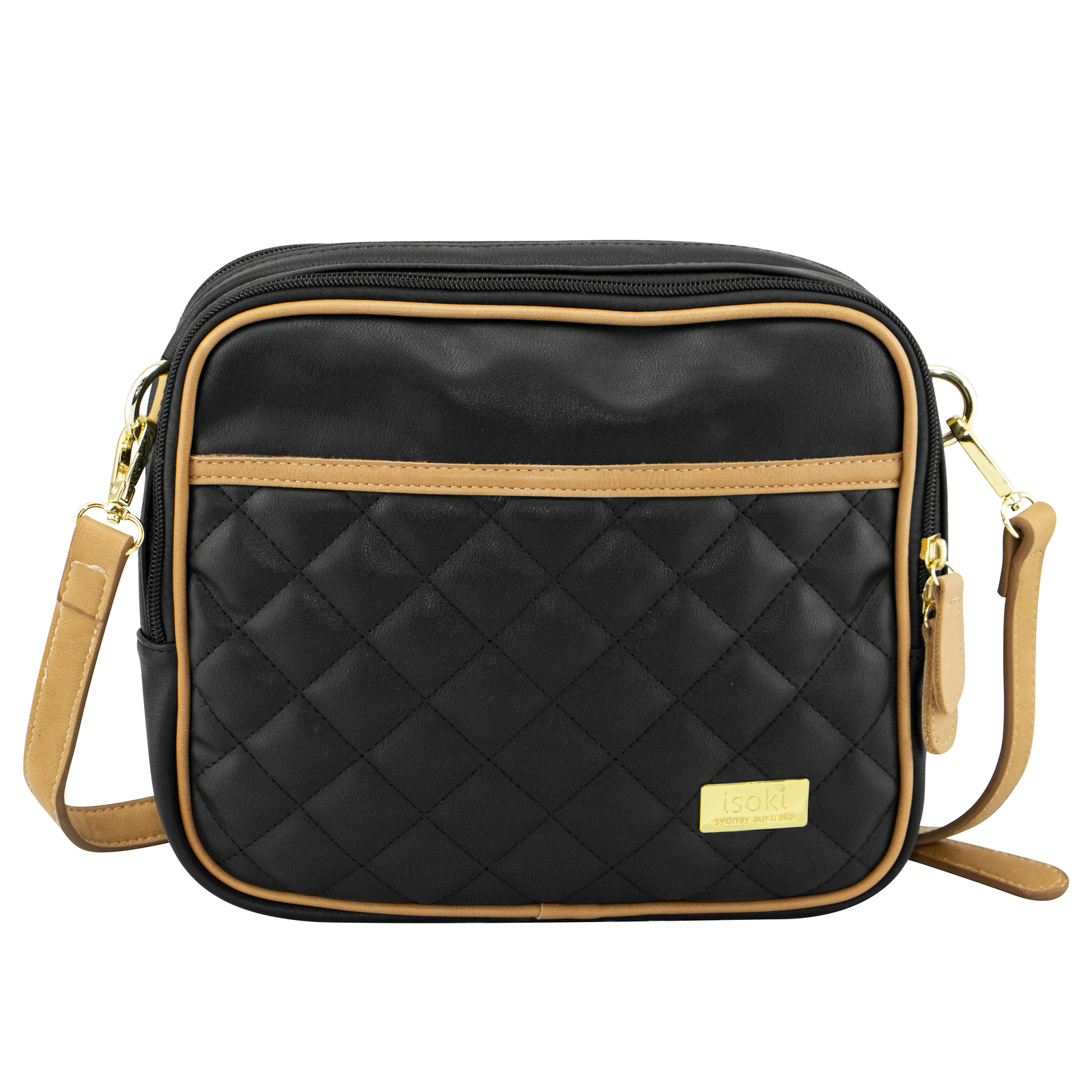 Isoki: Nappy Bag Finley Crossover Bag - Black/Tan Quilted image