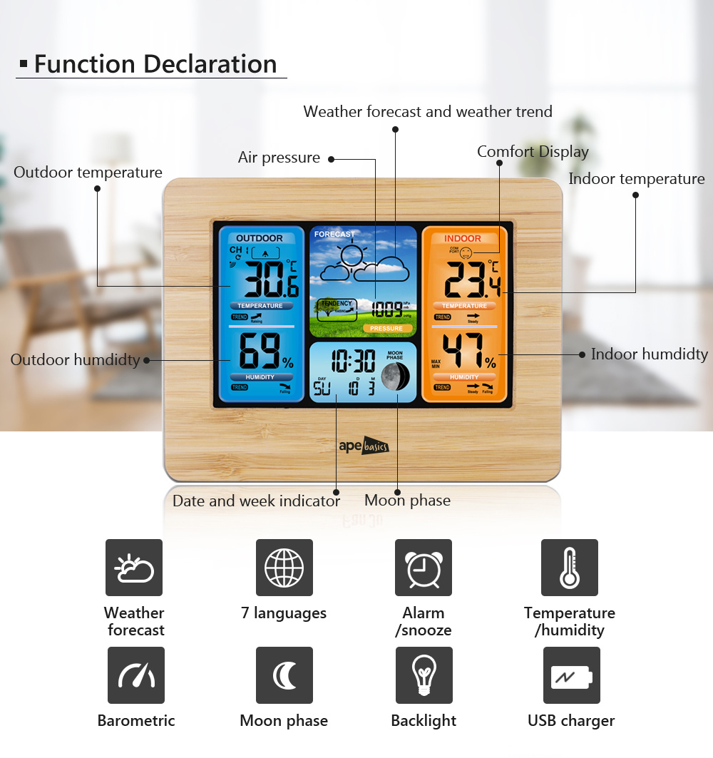 Ape Basics: Wireless Sensor LCD Display Weather Station Clock - Wood image
