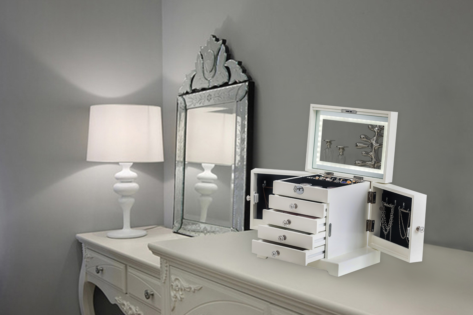 Buy Fraser Country Modern 5 Layer Mirrored Jewelry Box with Light at Mighty Ape NZ