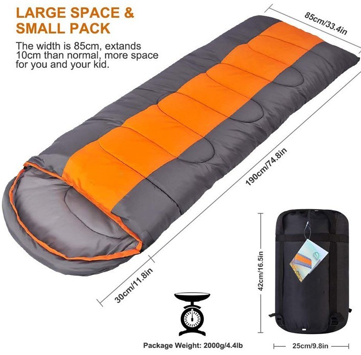 High Quality Envelope Hooded Sleeping Bag with Carry Bag - Orange/Dark Grey