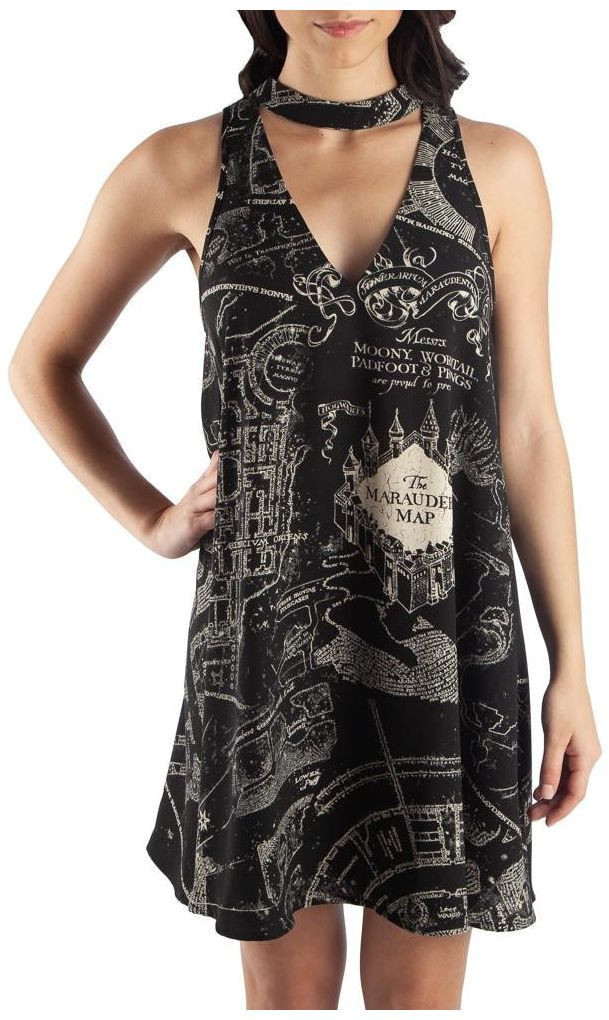 Harry Potter Marauders Map Sleeveless Choker V Neck Dress: XL image