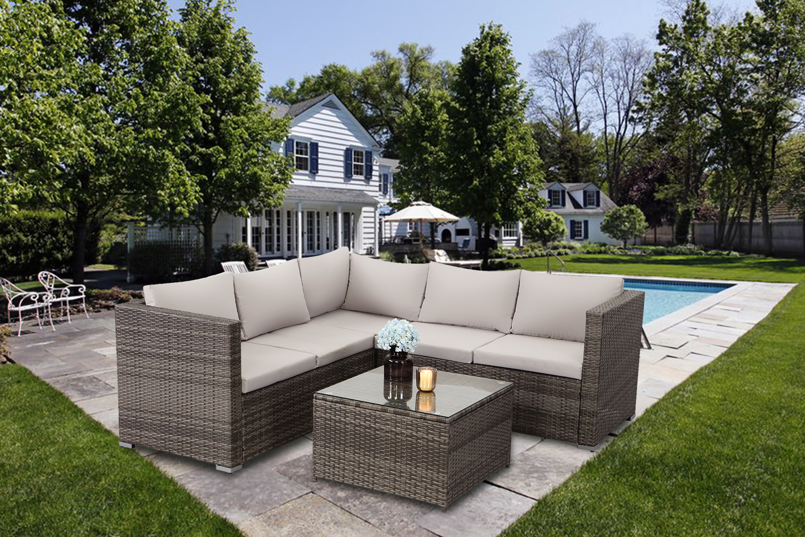 Buy 3 Piece Rattan Wicker Outdoor Corner Lounge Sofa Set Grey at