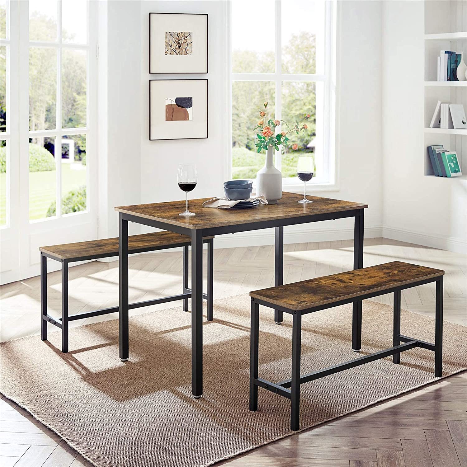 VASAGLE: Dining Table with 2 Benches - Rustic Brown image