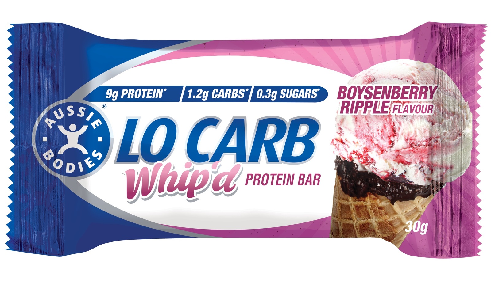 Aussie Bodies Lo Carb Protein Bars - Boysenberry Ripple (Box of 12)