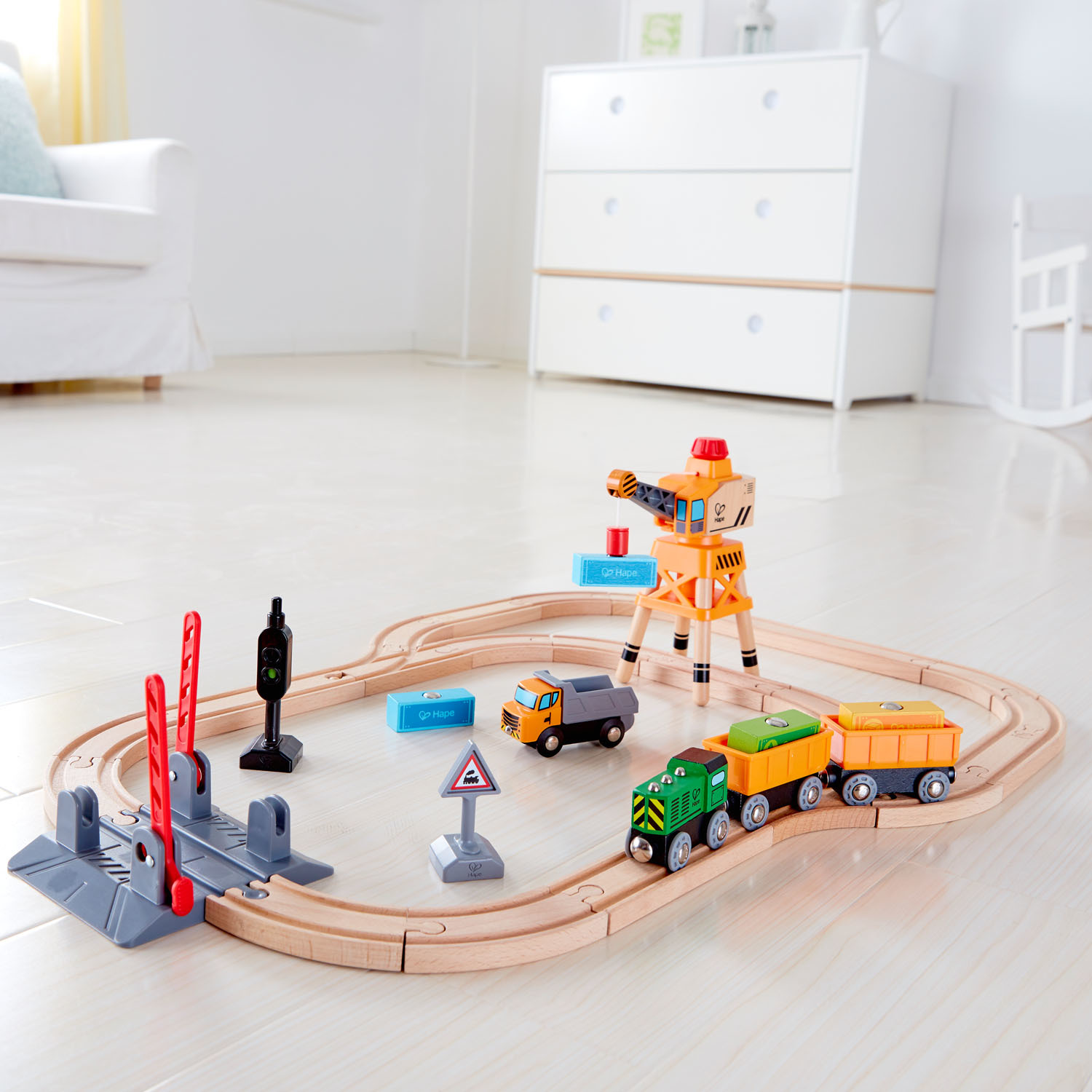 Hape: Crossing & Crane - Wooden Railway Set image