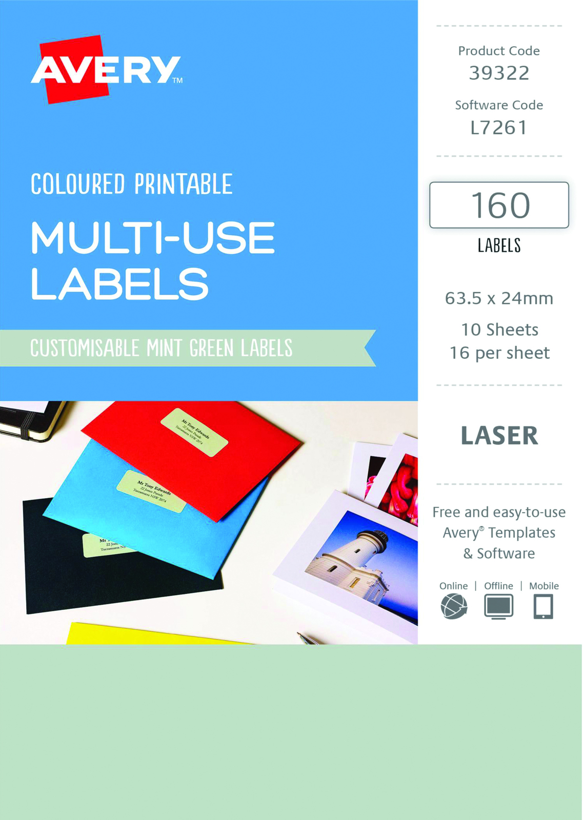 Buy Avery L7261 MultiUse Labels Mint Green (10 Sheets/160 Labels) at