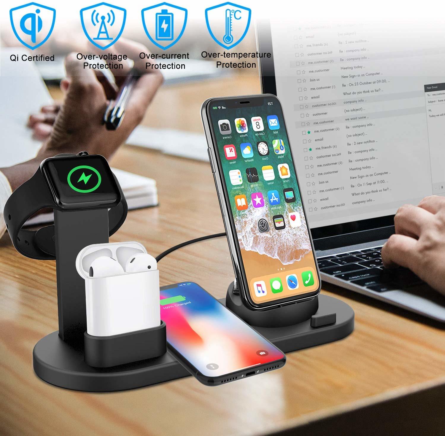 Three-in-One Rotatable Charging Dock with Wireless Charging for iPhone - Black image