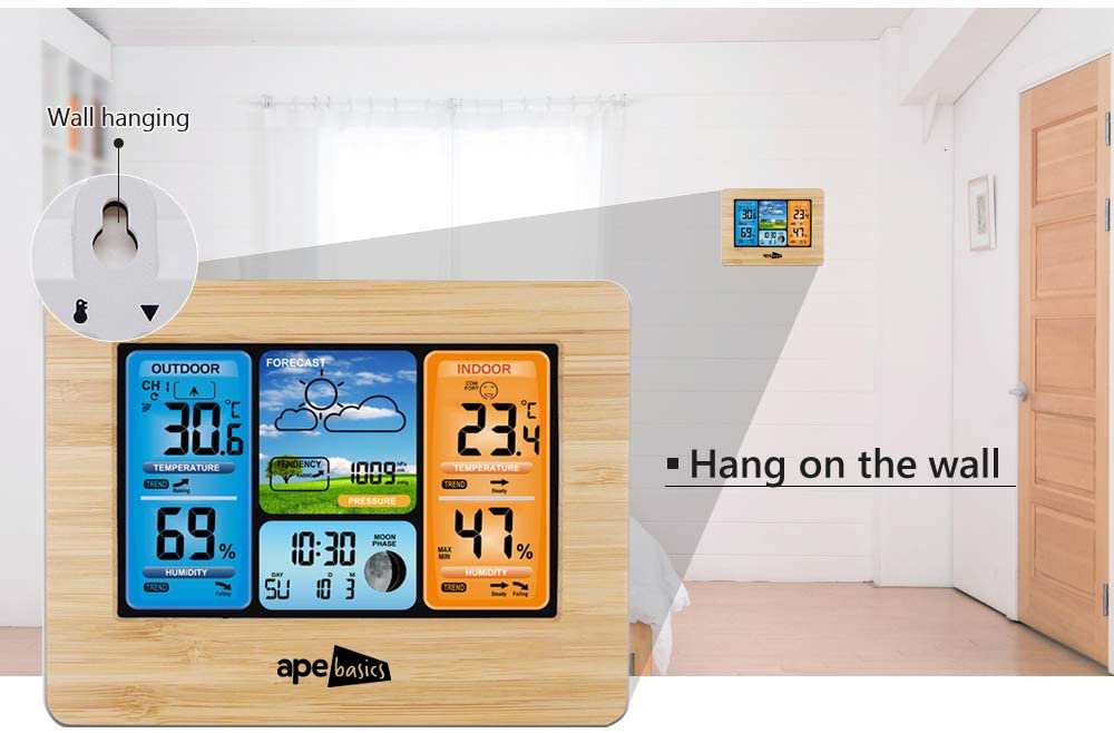 Wireless Sensor LCD Display Weather Station Clock - Wood image