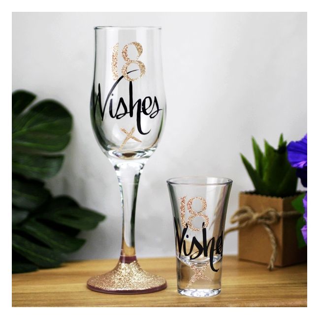 Wishes: 18 Wishes Rose Gold Flute & Shot Glass Gift set