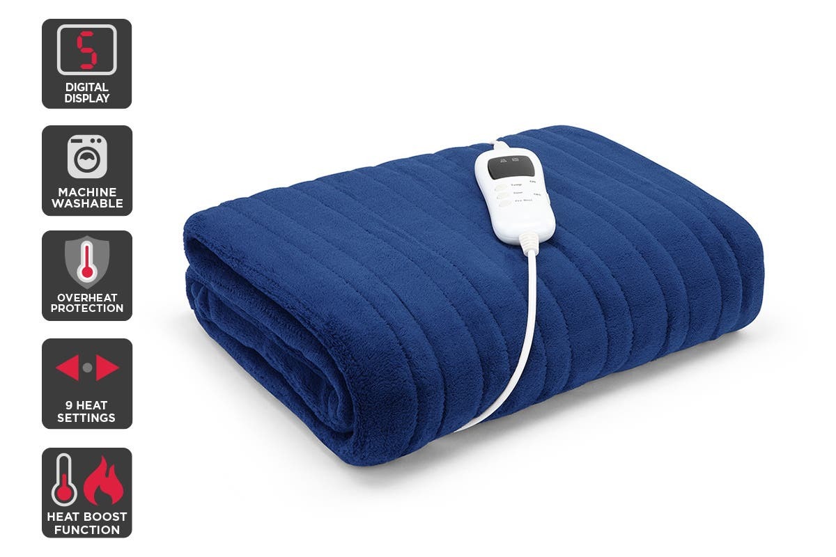 Ovela Washable Plush Electric Heated Throw Blanket (160cm x 130cm, Navy