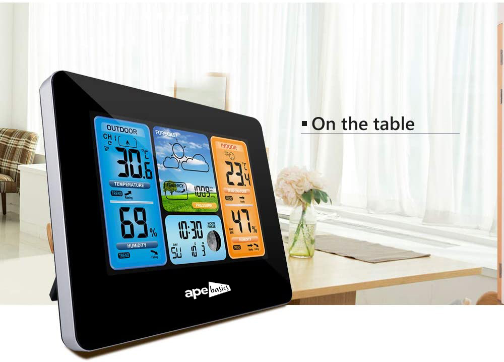 Ape Basics: Wireless Sensor LCD Display Weather Station Clock - Black image