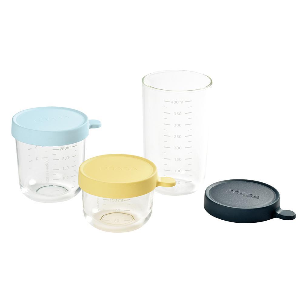 Beaba: Set of 3 conservation Jars in Glass (150 ml YELLOW/250 ml LIGHT BLUE/400 ml DARK BLUE) image