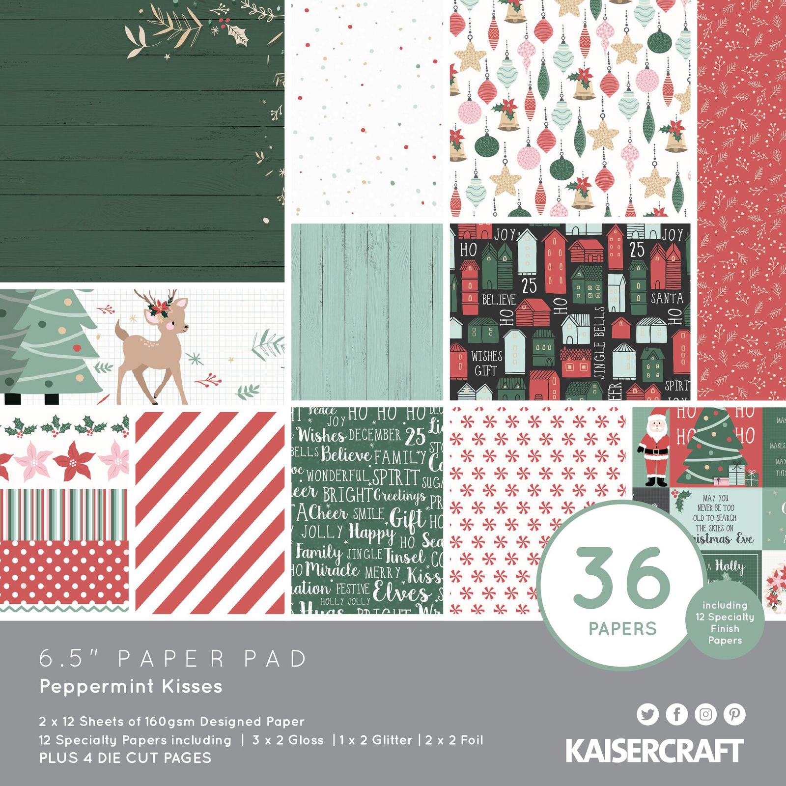 Kaisercraft: Paper Pad 6.5" x 6.5" - Peppermint Kisses