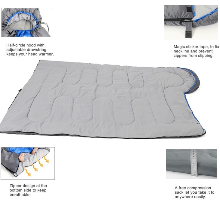 High Quality Envelope Hooded Sleeping Bag with Carry Bag - Blue/Dark Grey image