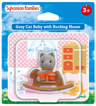 Sylvanian Families: Gray Cat Baby with Rocking Horse