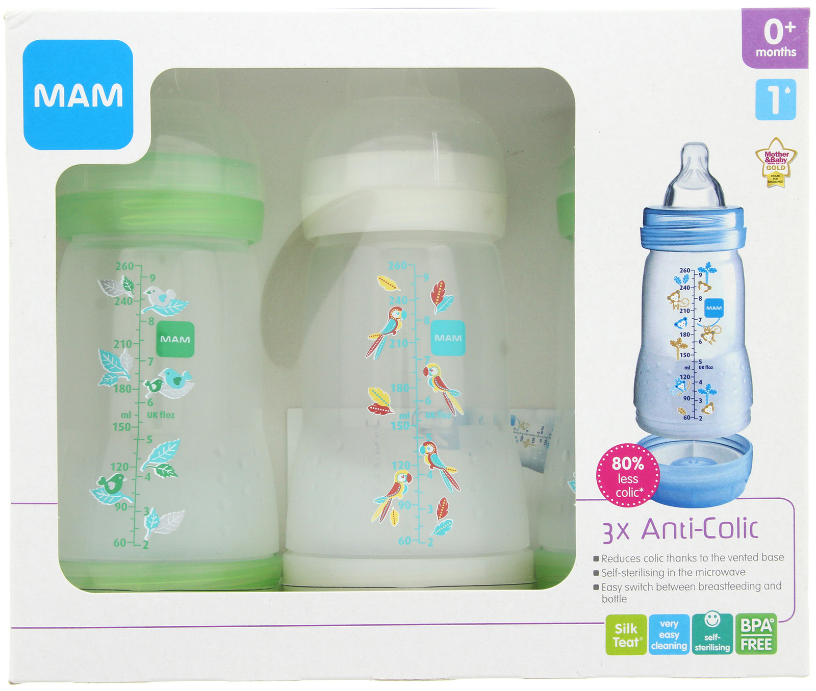 MAM Anticolic Feeding Bottle Set 260ml - 3 Pack (Green)