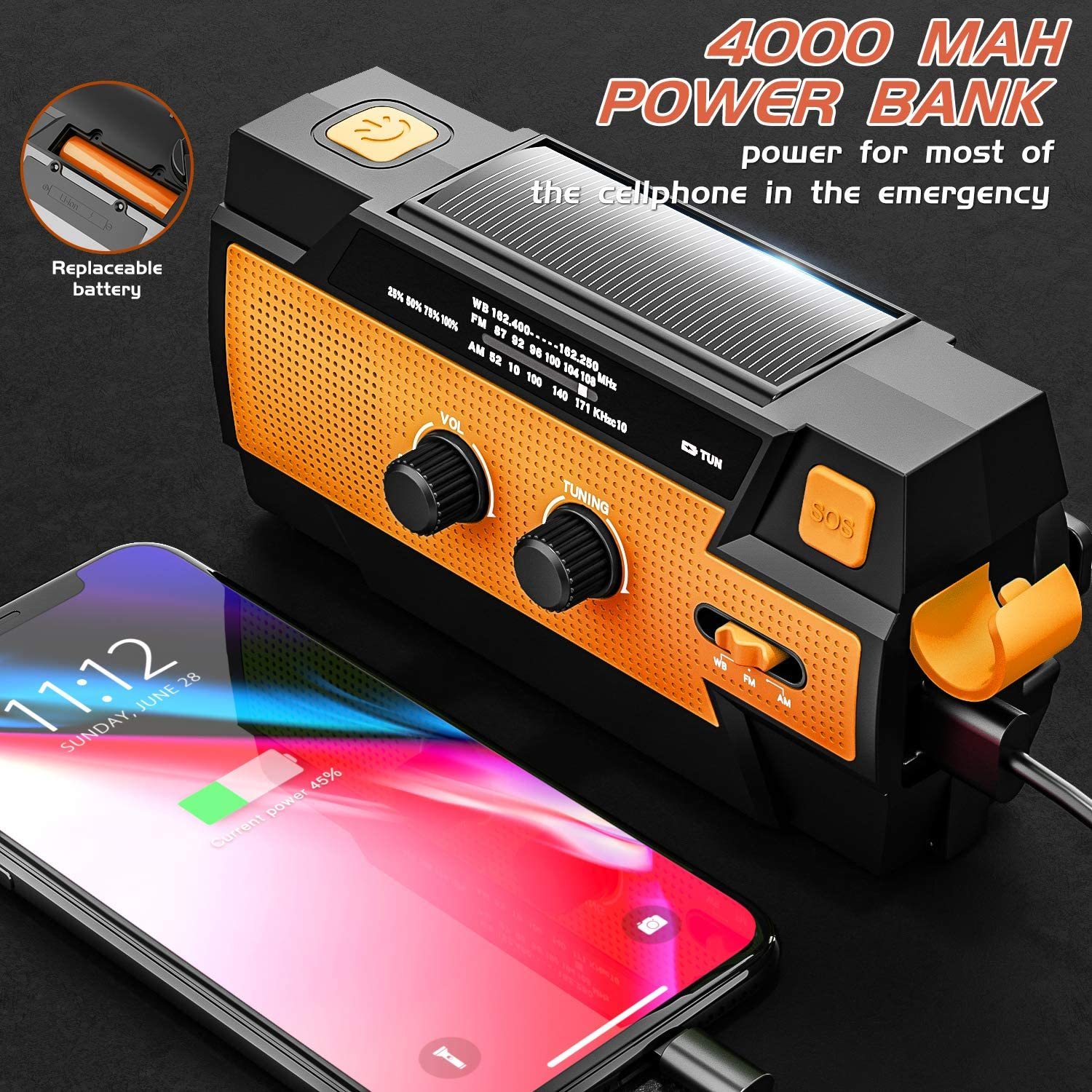 Emergency Solar Hand Crank Portable Charger and Flashlight - Orange