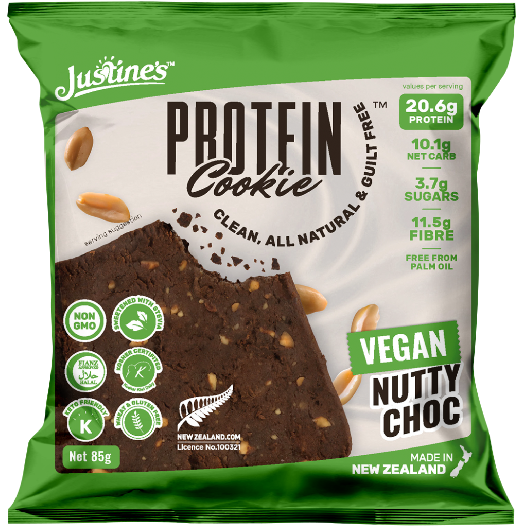 Buy Justine's Vegan Protein Cookies Nutty Chocolate (12 x 85g) at Mighty Ape NZ