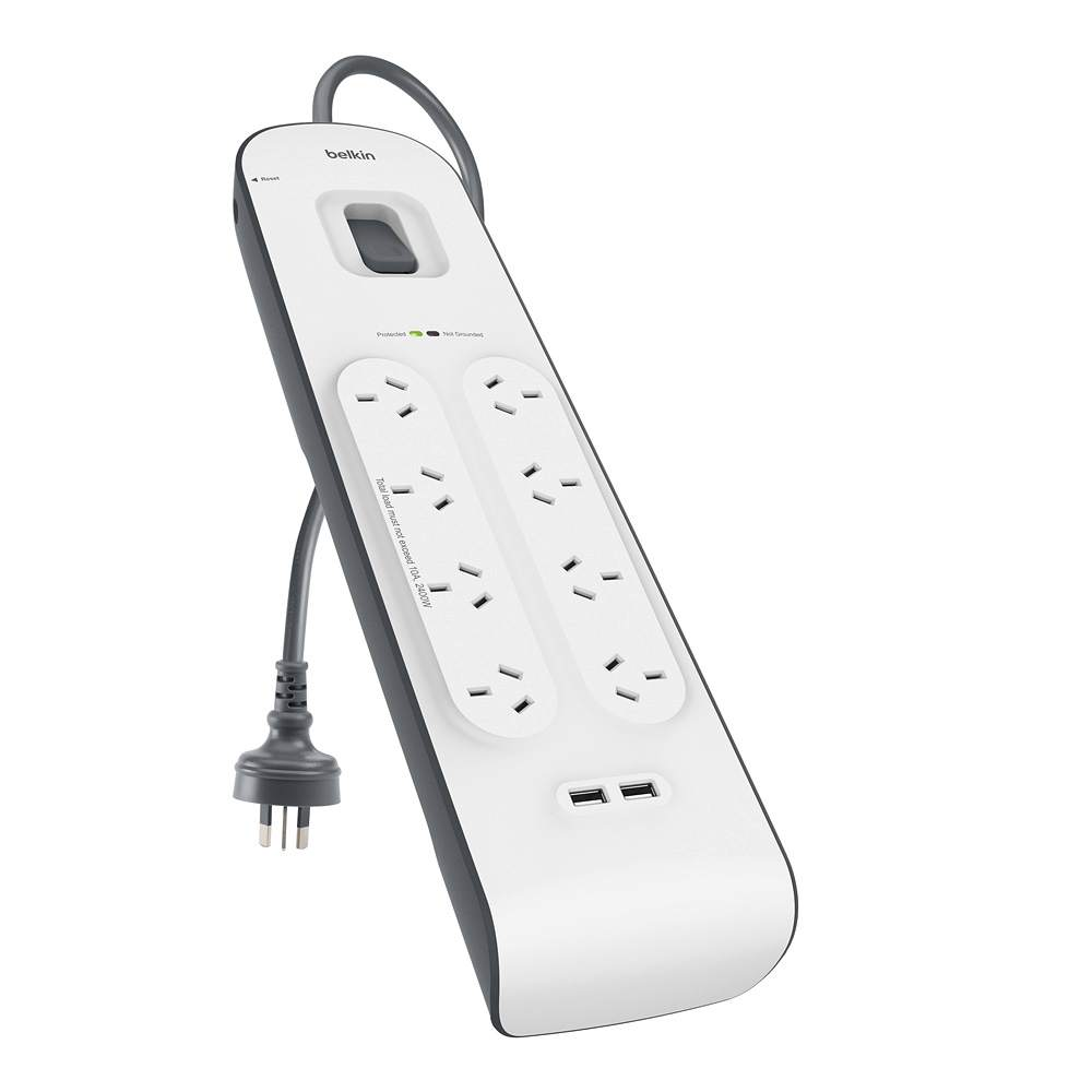 Belkin - 8 Outlet Surge Protector with 2 x 2.4A Shared USB Charging - 2 Metres image
