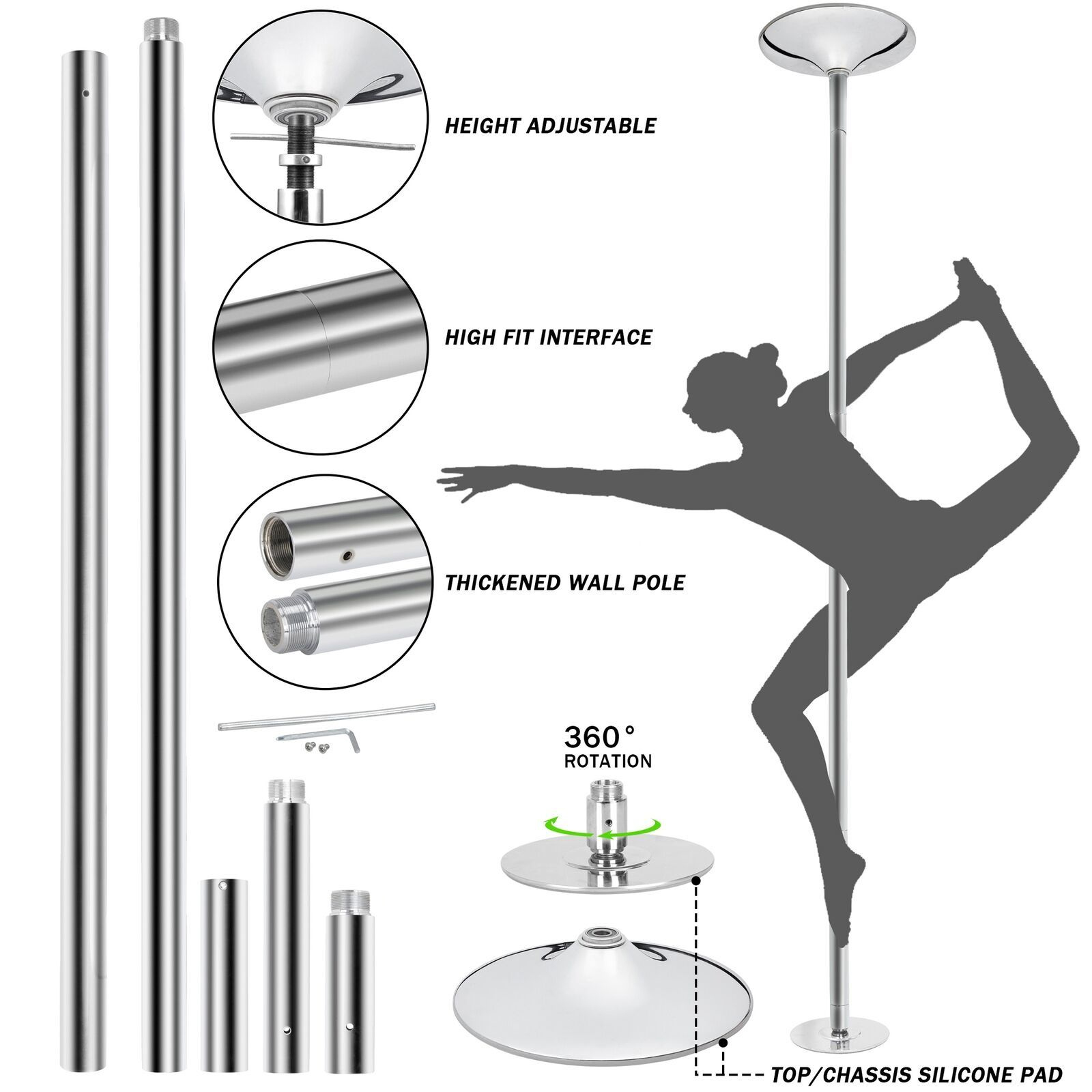 360° Pro Fitness Spinning Dancing Training Pole - Chrome (223-274cm)