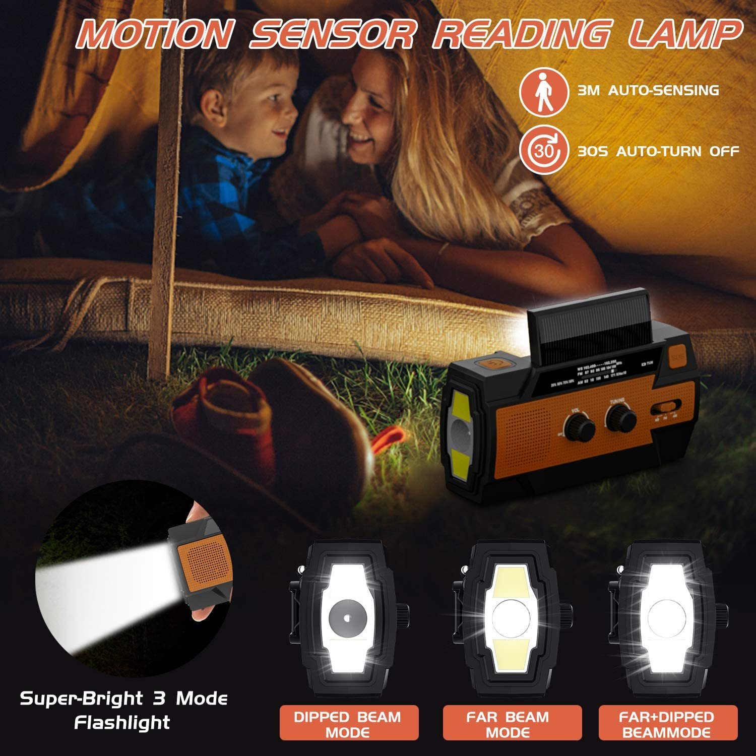 Emergency Solar Hand Crank Portable Charger and Flashlight - Orange image