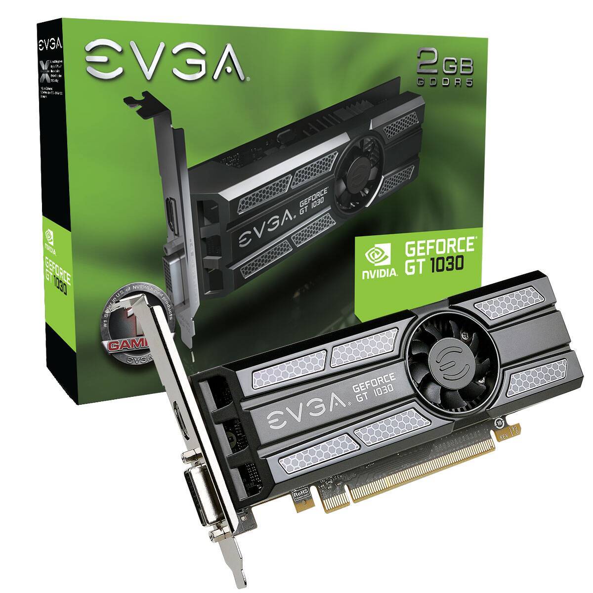 EVGA GeForce GT1030 2GB GDDR5 PCI-E 3.0 Video card , DVI+HDMI , Low Profile Support with Bracket image