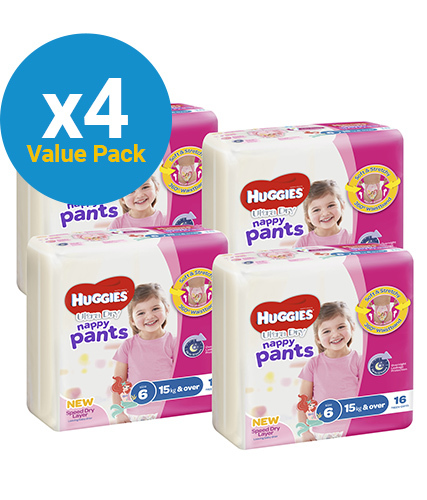 Huggies Ultra Dry Junior Girl Nappy Pants Value Box - Size 6 (64)