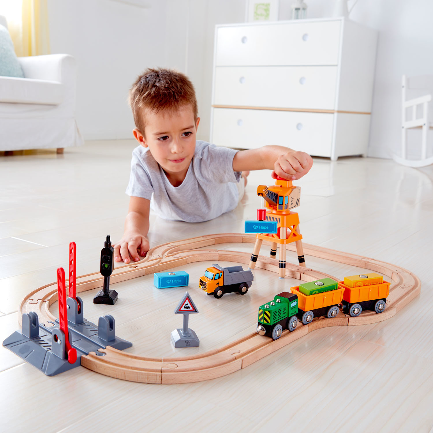 Hape: Crossing & Crane - Wooden Railway Set image