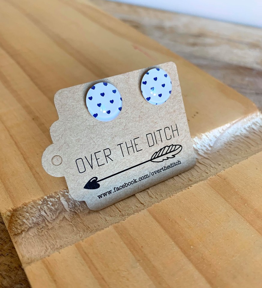 Over the Ditch: Dome Earrings - Blue and White Hearts image