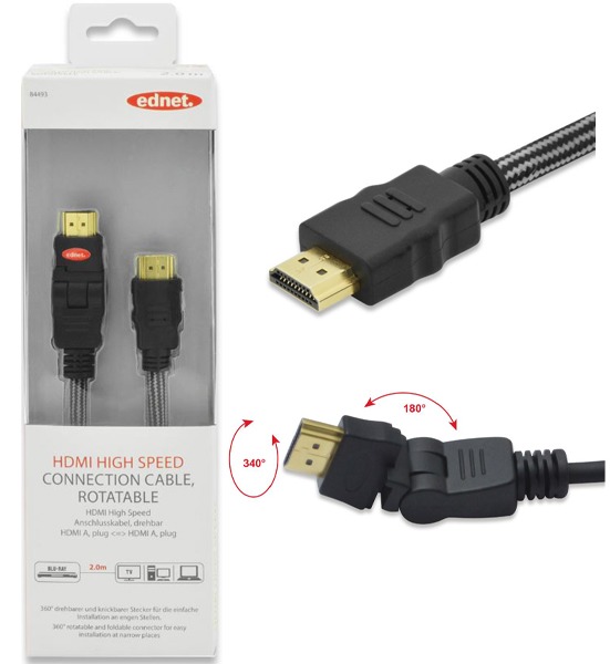 Ednet HDMI Type A v1.4 (M) to HDMI Type A Rotate (M) Monitor Cable (2m) image